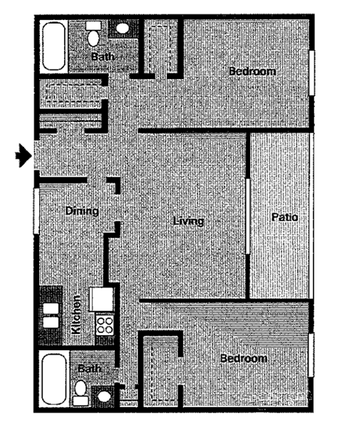 Floor plan for 2 beds, 2 baths, 1000 sqft